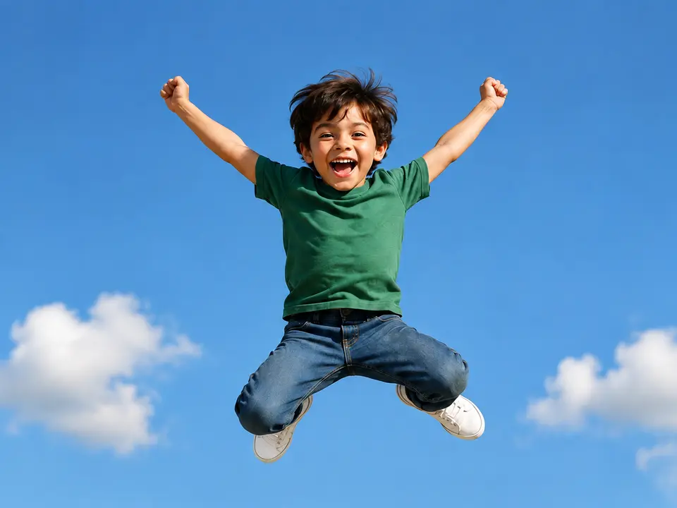 Niño brincando con los brazos levantados